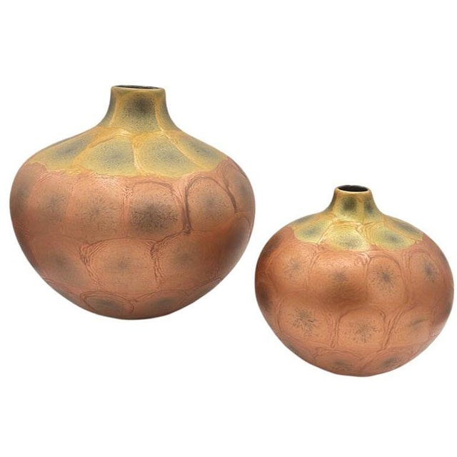 Original pair of Raku-fired Art Nouveau-style vases, reminiscent of Weller Pottery's design enchant with their iridescent...