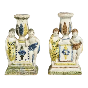 Pair Antique English George III Figural Prattware Pearlware Candlesticks Circa 1790