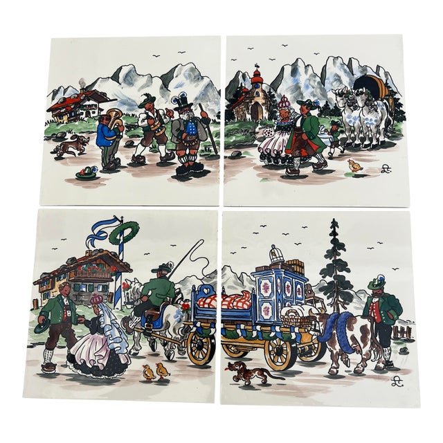 Vintage Handpainted Tiles of Scenes From Germany - Set of 4 Tiles - 2 Scenes For Sale