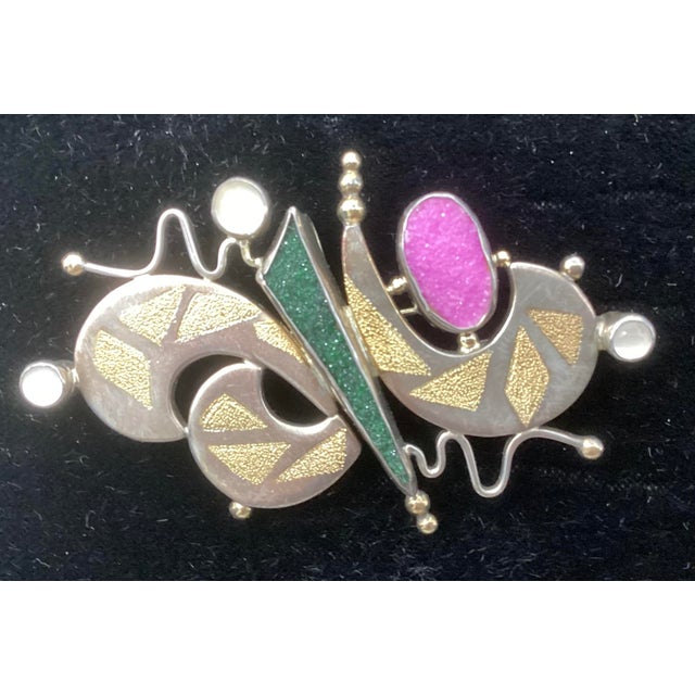 Abstract Mid 20th Century Tricia Young Sterling, 18k Gold, Druzy Quartz, and Moonstone Pin/Pendant and Earrings, 3 Pieces For Sale - Image 3 of 7