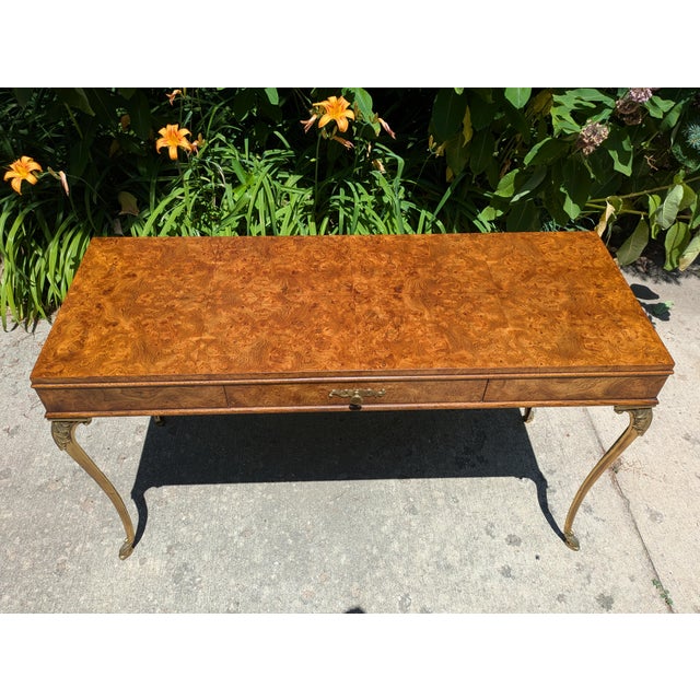 Late 20th Century Burl French Empire Style Console Table With Brass Legs For Sale In Detroit - Image 6 of 11