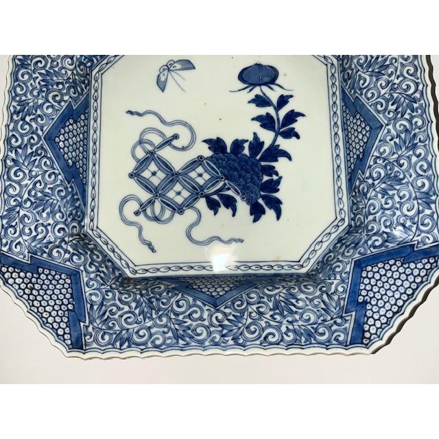 Antique Japanese Octagonal Blue and White Porcelain Plate With Butterly and Floral Design For Sale - Image 14 of 18