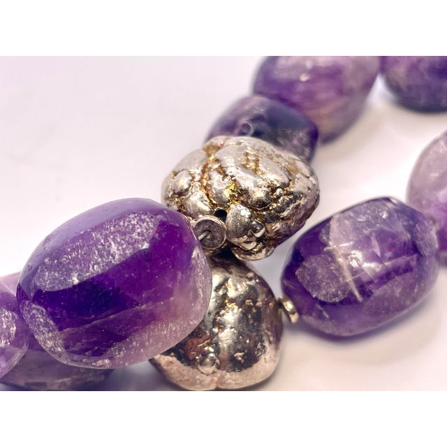 Mid 20th Century Gemstone Necklace Massive Semi Frosted Unique Cut Amethyst With Solid Silver Pyrite Accent Beads For Sale - Image 5 of 5