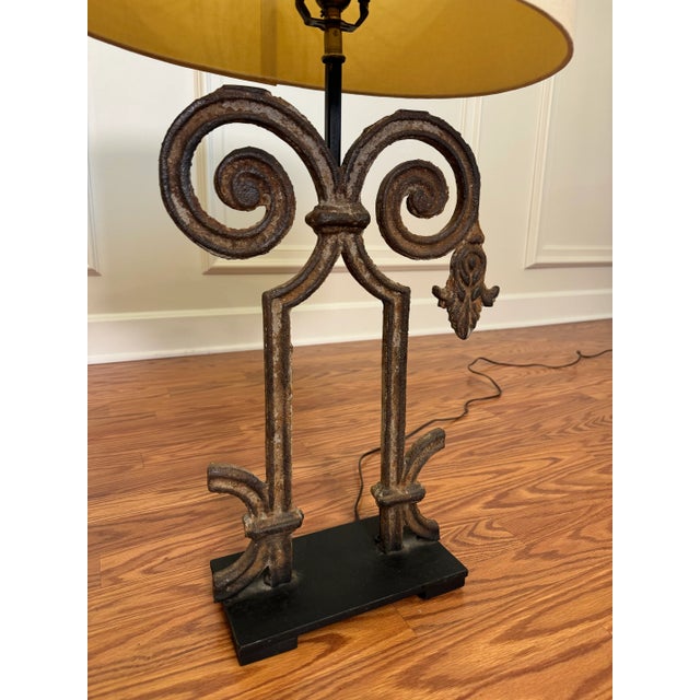Vintage Old World Wrought Iron Architectural Element Table W/Custom Shade Lamps, a Pair For Sale - Image 4 of 12