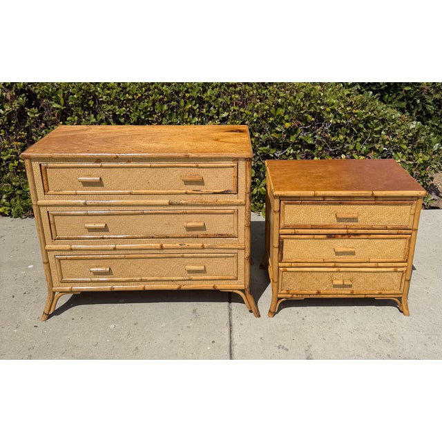 Boho Chic Vintage Bamboo / Grasscloth “Rising Sun” Dresser & Nightstand, a Set of 2 For Sale - Image 3 of 15