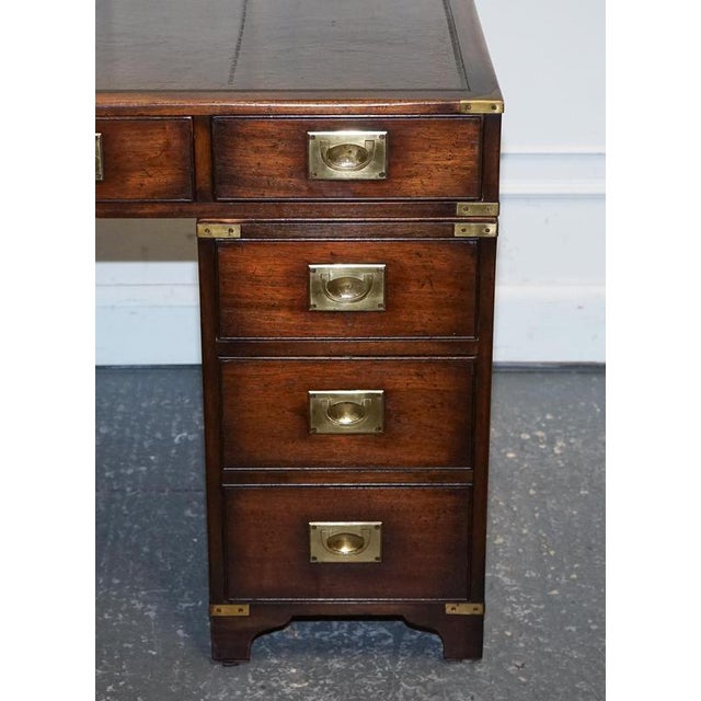 Military Campaign Twin Pedestal Desk with Aged Green Leather Top from Bevan Funell For Sale - Image 4 of 14