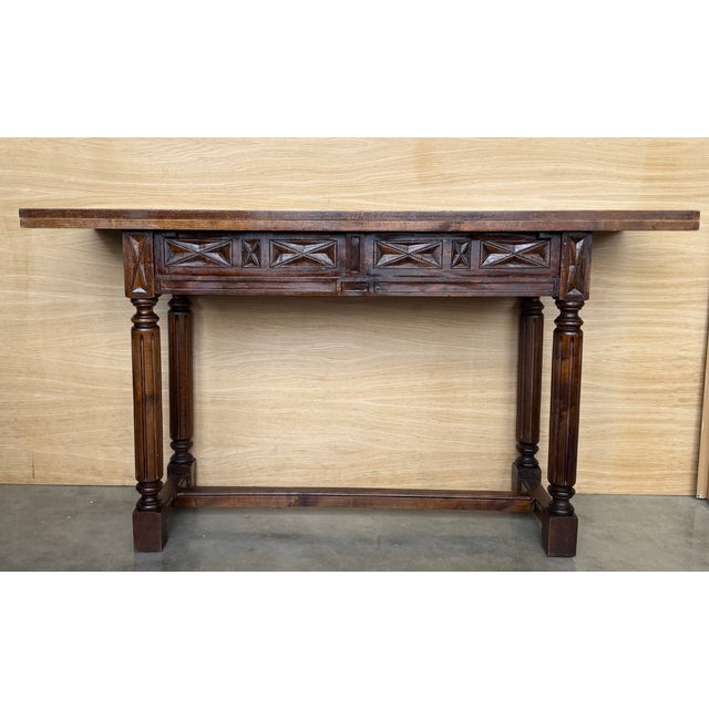 Spanish 20th Century Spanish Console Fold Out Farm Table With Wood Stretcher For Sale - Image 3 of 14