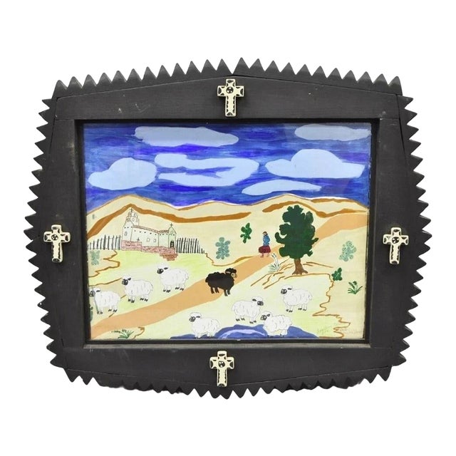 Bill & Geraldine Nelson “Old Southwest” Black Sheep Painting Carved Wood Frame For Sale
