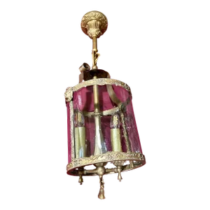 1800’s Gilded Bronze French Cylinder Lantern, Indoor or Outdoor Adorned With Lion’s Heads, Leaves and Scroll Work, Original “Seeded” Glass Inserts
