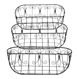 Vintage Wrought Iron Black Scroll Large Window Trough Outdoor Planters Set 3