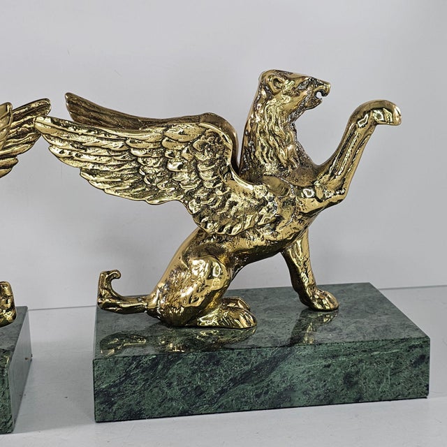 Pair of Vintage Brass Griffin Bookends With Green Marble Bases For Sale - Image 10 of 10