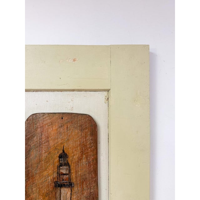 Mid 20th Century Vintage Painting Lighthouse Folk Art on Tan Wooden Frame Coastal Nautical For Sale - Image 5 of 7