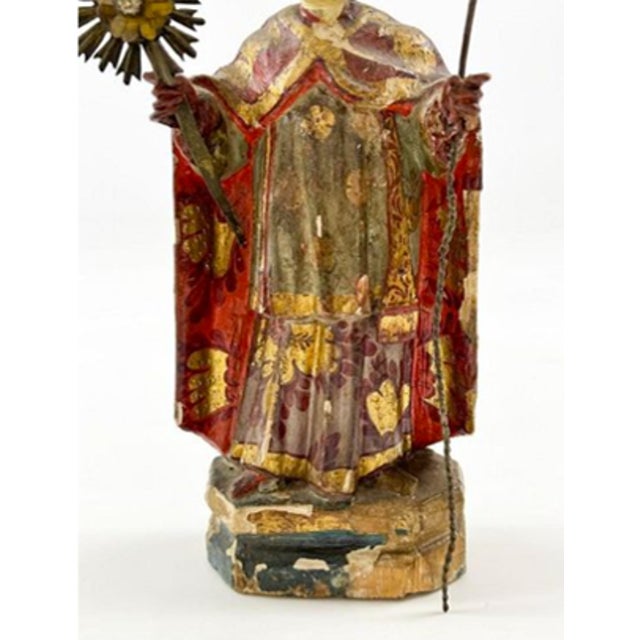 Printmaking Materials Antique Spanish Colonial Polychrome Carved Wood Bishop Saint Bulto With Glass Eyes, Circa 1800 For Sale - Image 7 of 10