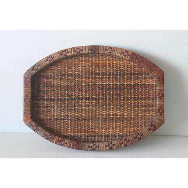 Mid-Century Woven Wicker Rattan Wood Oval Serving Tray Vintage For Sale In Miami - Image 6 of 9