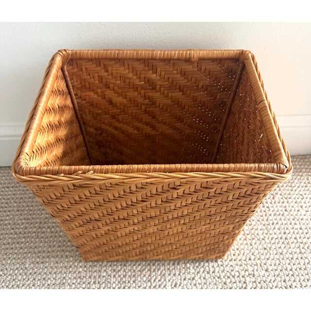 Wood Mid Century Woven Rattan Wastebasket For Sale - Image 7 of 10