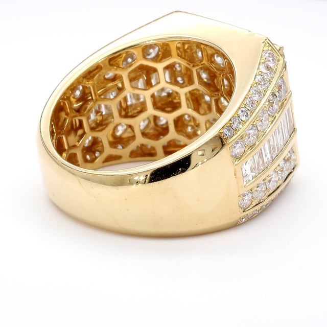 Gold 1990s 3 Carat Round & Baguette Diamond 14k Gold Mens Cluster Ring, Size 11 For Sale - Image 8 of 10