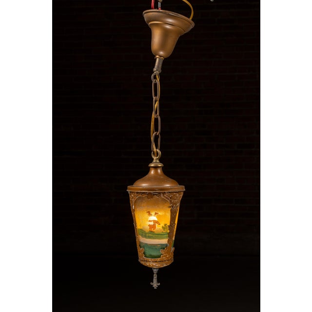 Art Nouveau Early 20th Century Art Nouveau Hanging Fixture With Reverse-Painted Shade For Sale - Image 3 of 5