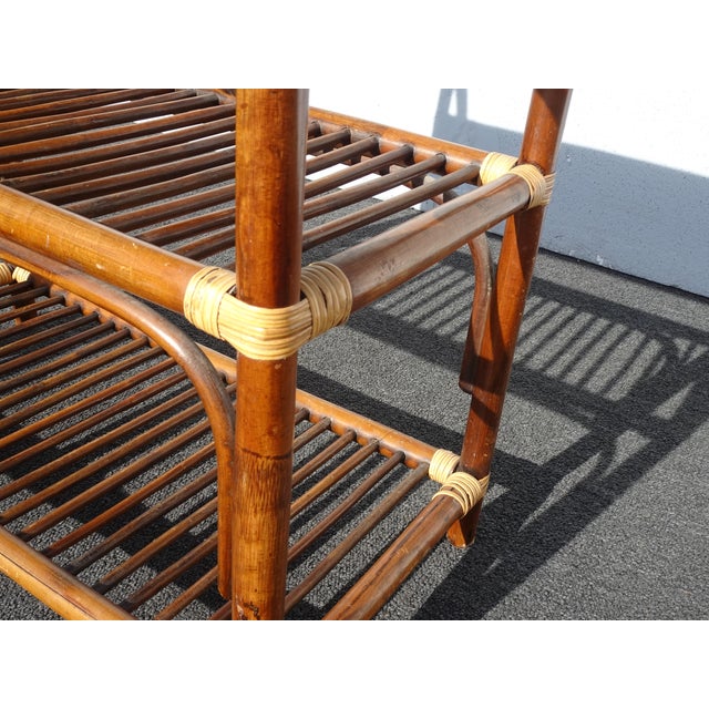 Vintage Three Tier Coastal Bamboo Rattan Stand Golden Brown Side Table Bookcase For Sale - Image 12 of 15