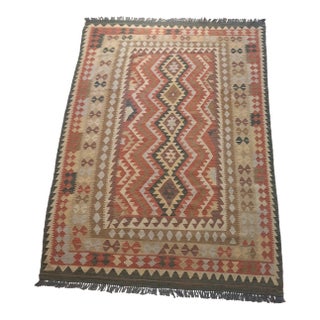 Vintage Handwoven Kilim Rug – 5’7” X 8’5” | Geometric Tribal Design | Earth-Tone Wool Flatweave For Sale