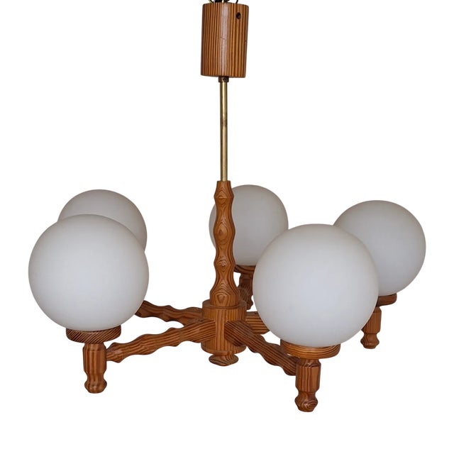 Vintage Chandelier with Pinewood Frame, 1980s For Sale