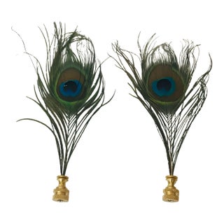1970s Fab Peacock Feathers Pair of Lamp Finials For Sale