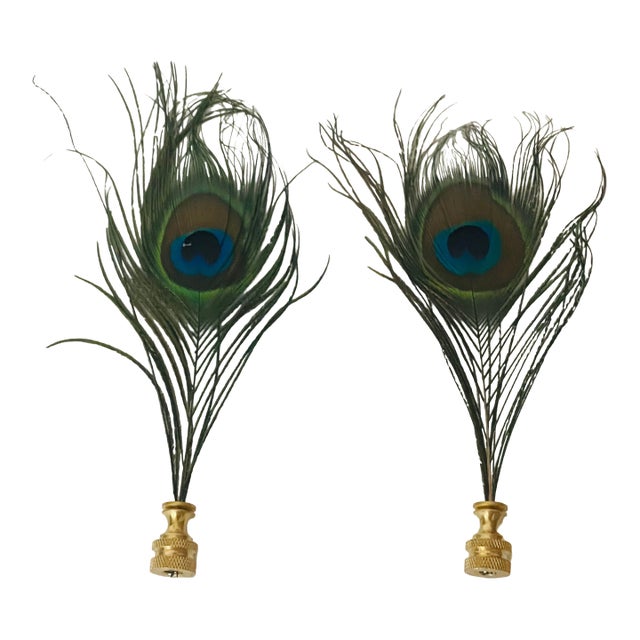 1970s Fab Peacock Feathers Pair of Lamp Finials For Sale