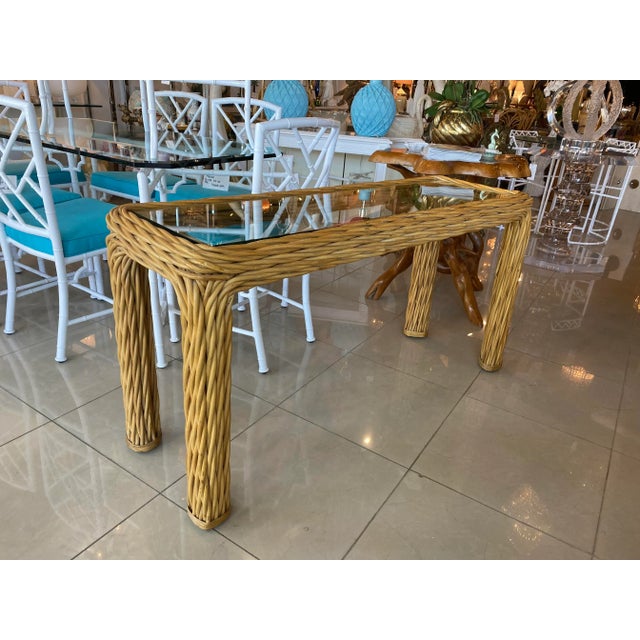 Tan Vintage Palm Beach Twisted Rattan Reed Console Table New Glass Top For Sale - Image 8 of 13