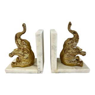 Vintage Brass Elephant and Marble Bookends- a Pair For Sale