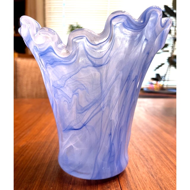 Mid-Century Modern Vintage MCM Vietri Onda Short Ruffled Mouthblown Glass Vase From Italy For Sale - Image 3 of 5