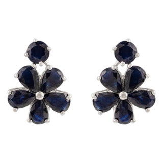 Elegant Silver Sapphire Blossom Drop Earrings for Valentine's Day Gifts- A Pair For Sale