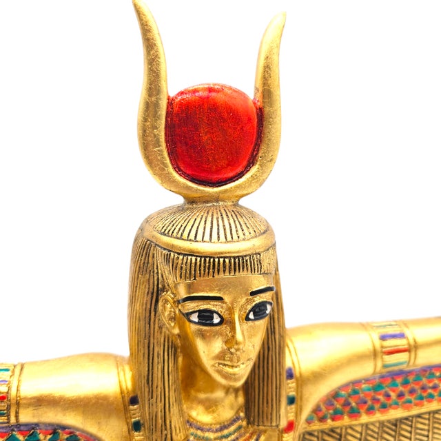 Gold Monumental Egyptian Revival Statue of Goddess Isis With Open Wings and Gold Red Detailing – 21.5" Wide For Sale - Image 8 of 15