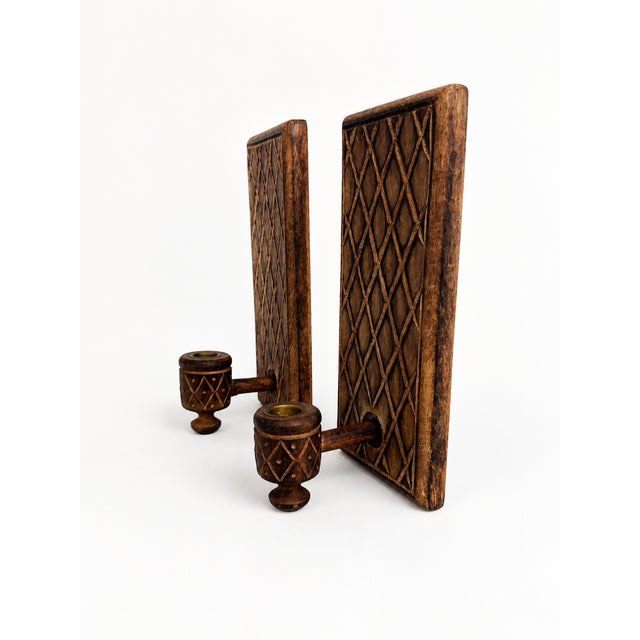 Vintage Brutalist Hand-Carved Oak Wall Sconces with Brass and Wrought Iron, 1970s, Set of 2 For Sale - Image 4 of 10