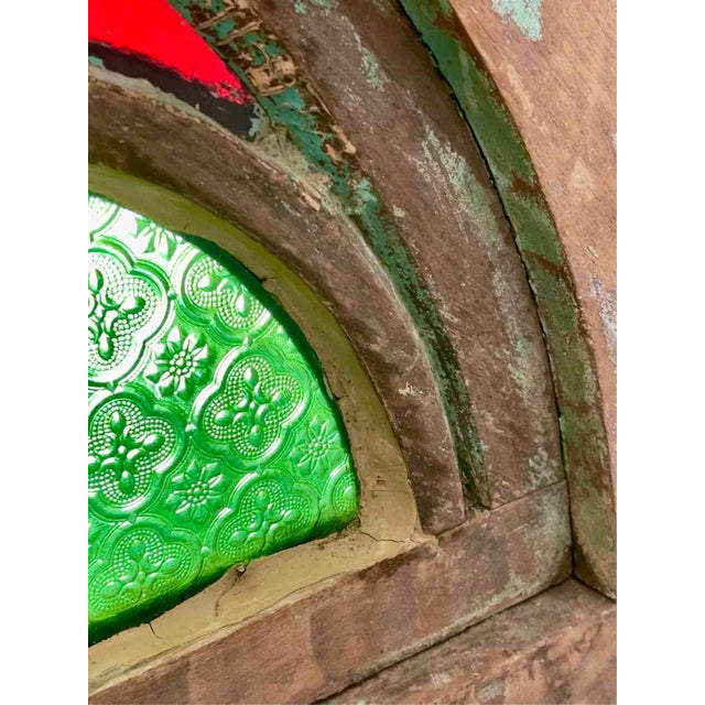 Antique Indian Teak and Cathedral Glass Overdoor Lunette, First Half of the 20th Century, 1920s For Sale - Image 13 of 15
