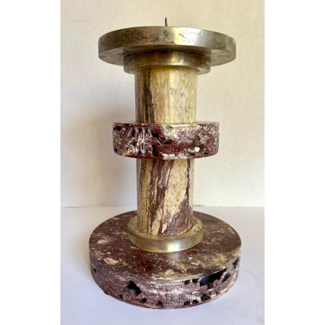 Metal Vintage Chinese Carved Veined Marble Dragon & Phoenix Altar Candle Holder For Sale - Image 7 of 10