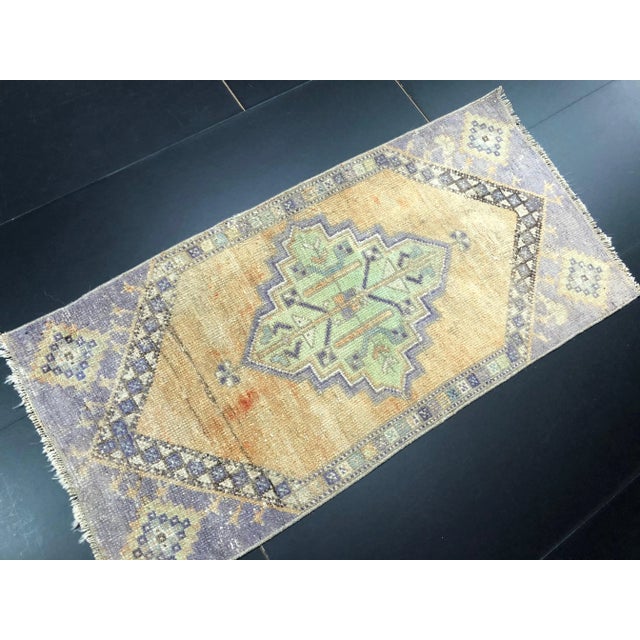 Rustic Vintage Faded Turkish Handmade Wool Orange and Blue Small Rug For Sale - Image 3 of 6