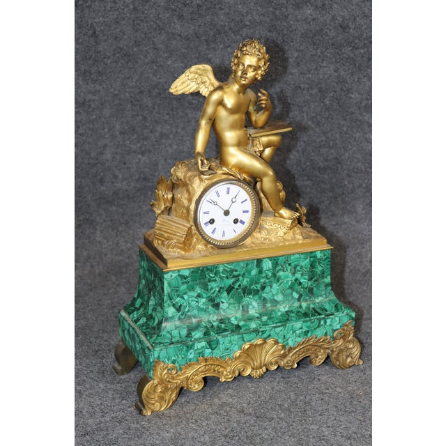 French French 19th C Bronze Ormolu and Malachite Clockset Made for Tiffany & Co France For Sale - Image 3 of 12