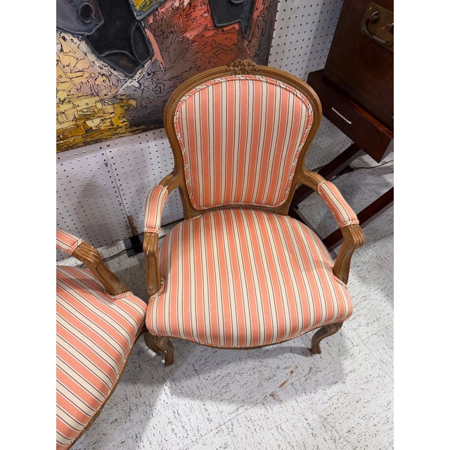 Antique French Louis XV Style Gold Giltwood Pink Stripe Fauteuil Arm Chair, Pair For Sale - Image 4 of 7