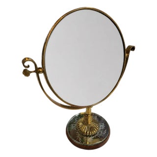 Vintage Brass Vanity Mirror With Etched Glass Base and Wood Trim For Sale