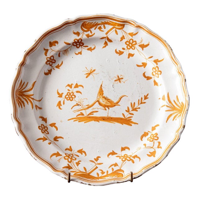 Shaped Ochre Plate with Bird from Moustiers Faience, 1700s For Sale