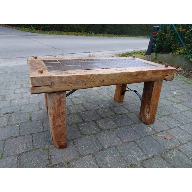 Rustic Brutalist Oak, Ceramic and Metal Coffee Table For Sale - Image 3 of 8