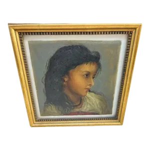 19thc Victorian Oil Painting of Girl With Gold Frame