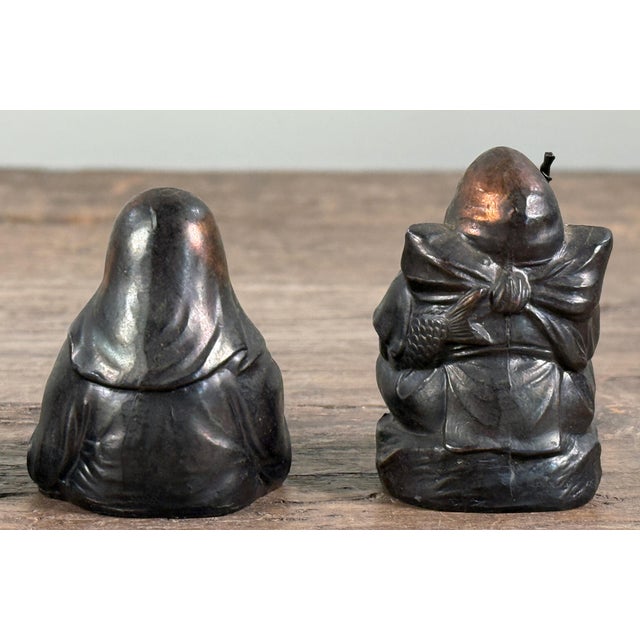 Vintage Japanese Seven Lucky Gods Bronzed Metal Netsuke Figurines - Set of 7 For Sale - Image 9 of 13