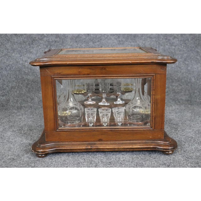 Wood Rare Walnut Case French Etched Glass 18-piece decanter and Cordial Tantalus Set - 18 Pieces For Sale - Image 7 of 11