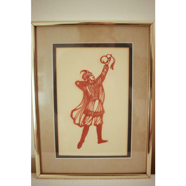 Early 20th Century Pair of Ottoman Shadow Puppet Figural Sculptures in MCM Gold Metal Frames For Sale - Image 15 of 15