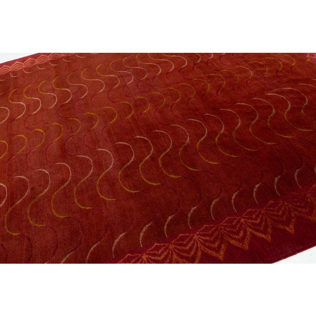 Textile Contemporary Tibetan Wool & Silk Rug in Crimson and Gold With Art Deco Boder For Sale - Image 7 of 11