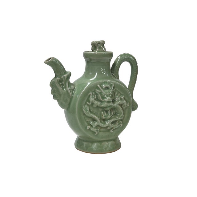 Asian Oriental Celadon Green Wine Jar Shape Dragon Ceramic Art Vase Jar For Sale - Image 3 of 5