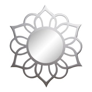 Modern Wall Mirror Round Silver Framed Flower Six Petal 17.5 W X 20 H in Contemporary For Sale