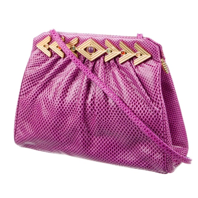 1990s Judith Leiber Karung SnakeSkin Pink Fuschia Day Evening Handbag Gemstones Vintage For Sale - Image 15 of 15