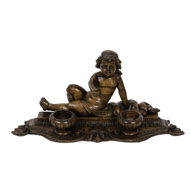 19th Century Inkwell in Wood Figuring a Child For Sale