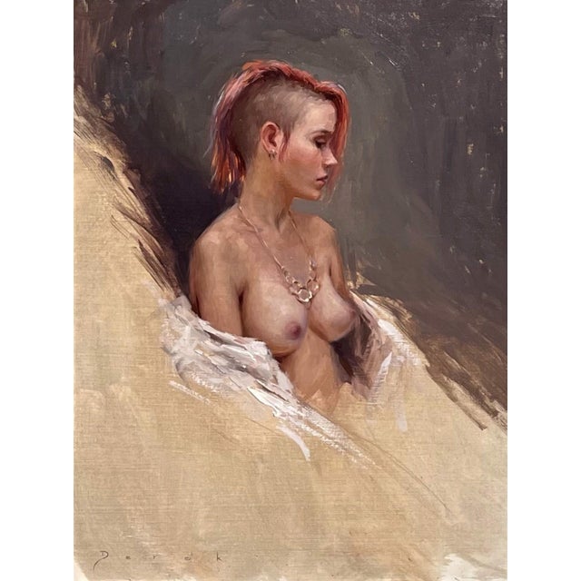 Sam by Derek Harrison | Oil on linen Portrait of a woman with short hair and a necklace. For Sale